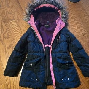 Girls Black Puffer Coat with Pink Trim and Faux Fur Hood